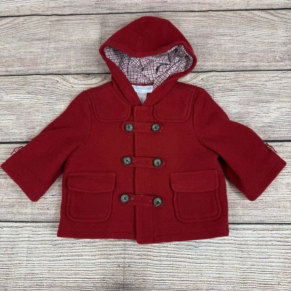 Janie And Jack Layette Red Wool Blend Pea Coat Baby 0-6 Months Unisex Hooded